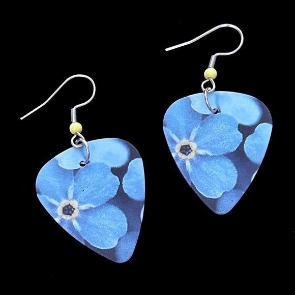 Hand Crafted Jewelry - Hand Crafted Earrings Repurposed Guitar Picks Digital Floral Photo Forget Me Not